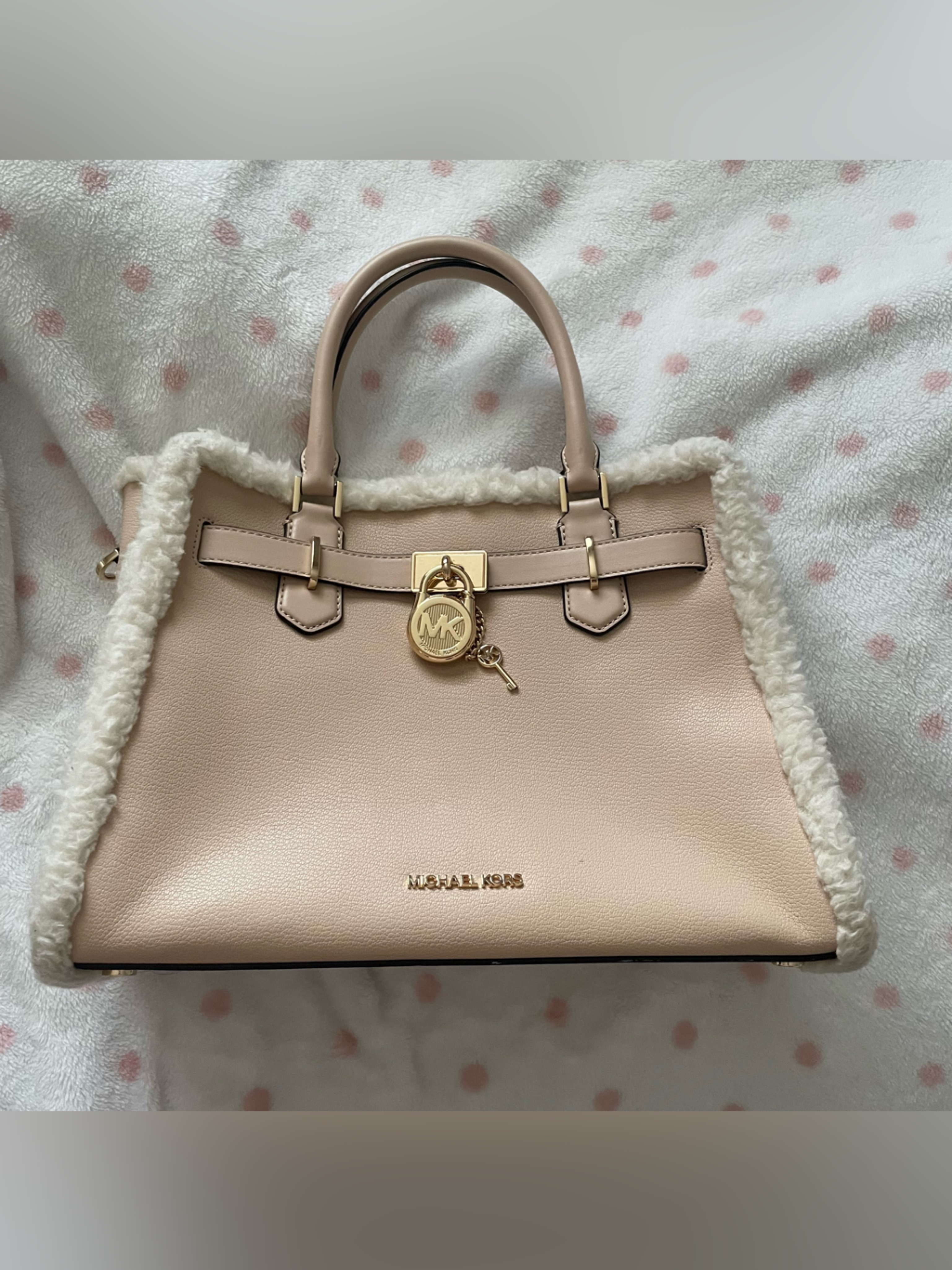 Michael Kors Leather Hamilton Top Handle Satchel With White Shearling Trim
